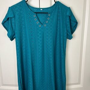 Teal Eyelet Short Sleeve Blouse